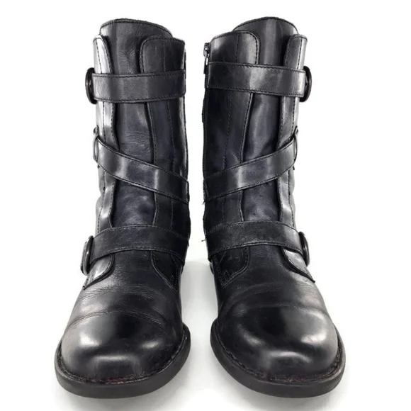 Born Alamid Black Leather Straps & Buckles Calf-High Lug Sole Moto Style Boots - Picture 3 of 12